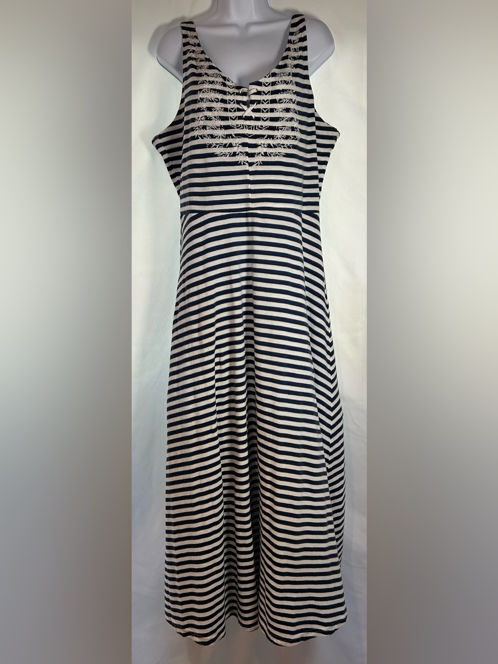 Chaps Striped Embroidered Lace-Up Maxi Dress Navy White Cotton XL